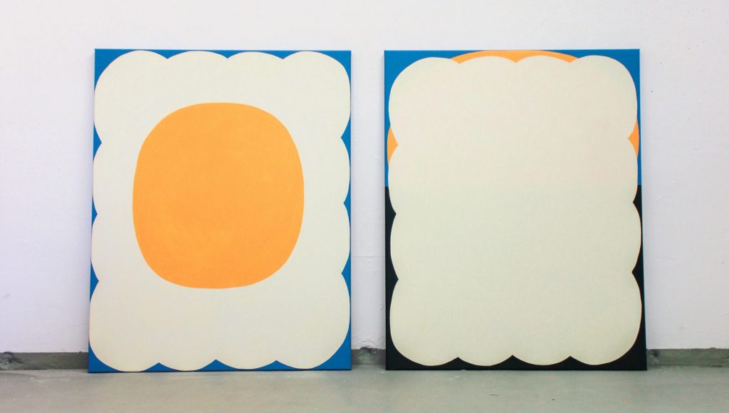 Thomas Birsak - Sunny side up, 2022. Acrylverf op canvas in houten frame - 40 bij 30 cm. Schilderij in blauw, wit en geel